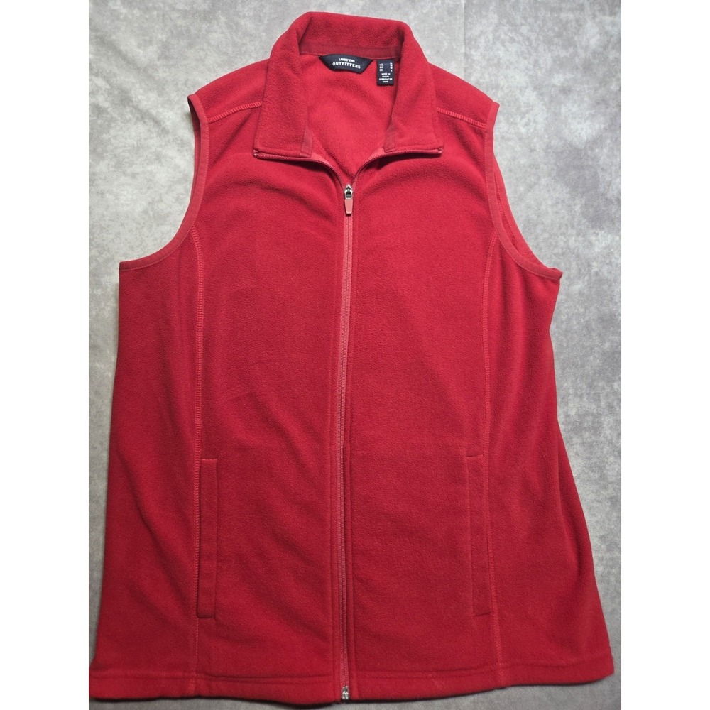 Lands' End Wms Medium Red Fleece Vest Full Zip Pockets Classic Preppy Hiking